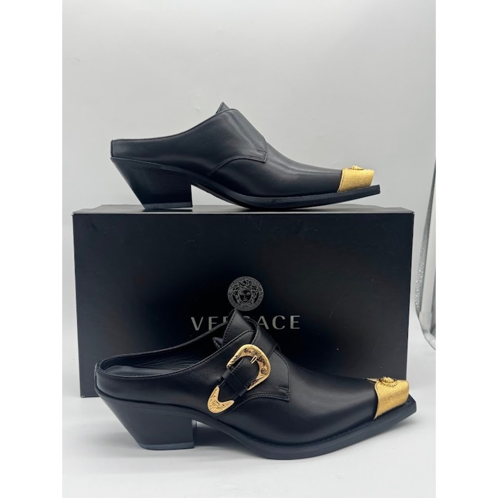 Versace Sabot Leather Western Mule Medusa‎ Gold Toe Black EU 39.5 US 9 NIB